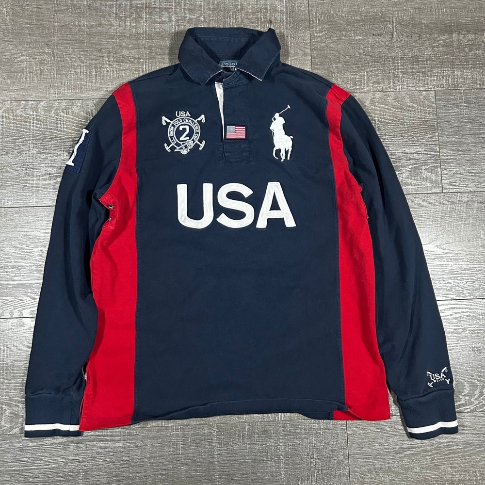 Vintage Polo Ralph Lauren RL Snow Polo Challenge Cup USA Rugby Shirt Navy Mens M